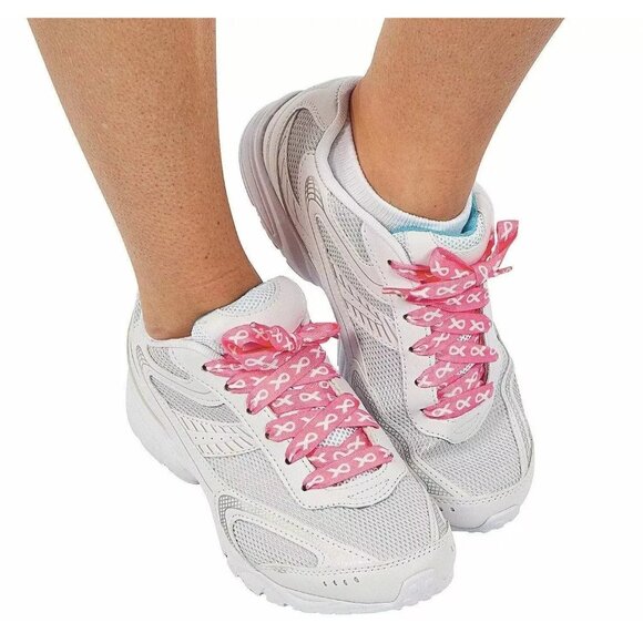 6 Pair Breast Cancer Awareness Pink Ribbon Shoelaces Pink with White Ribbon 44" - Picture 1 of 3